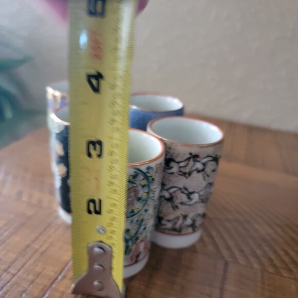 Vintage Japanese Sake Tea Cup Set Japan Handpainted Crane Floral Gold Rim Yunomi - Picture 9 of 10